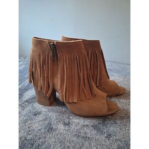 Carlos Santana Brown Suede Fringe Peep-Toe Ankle Boots